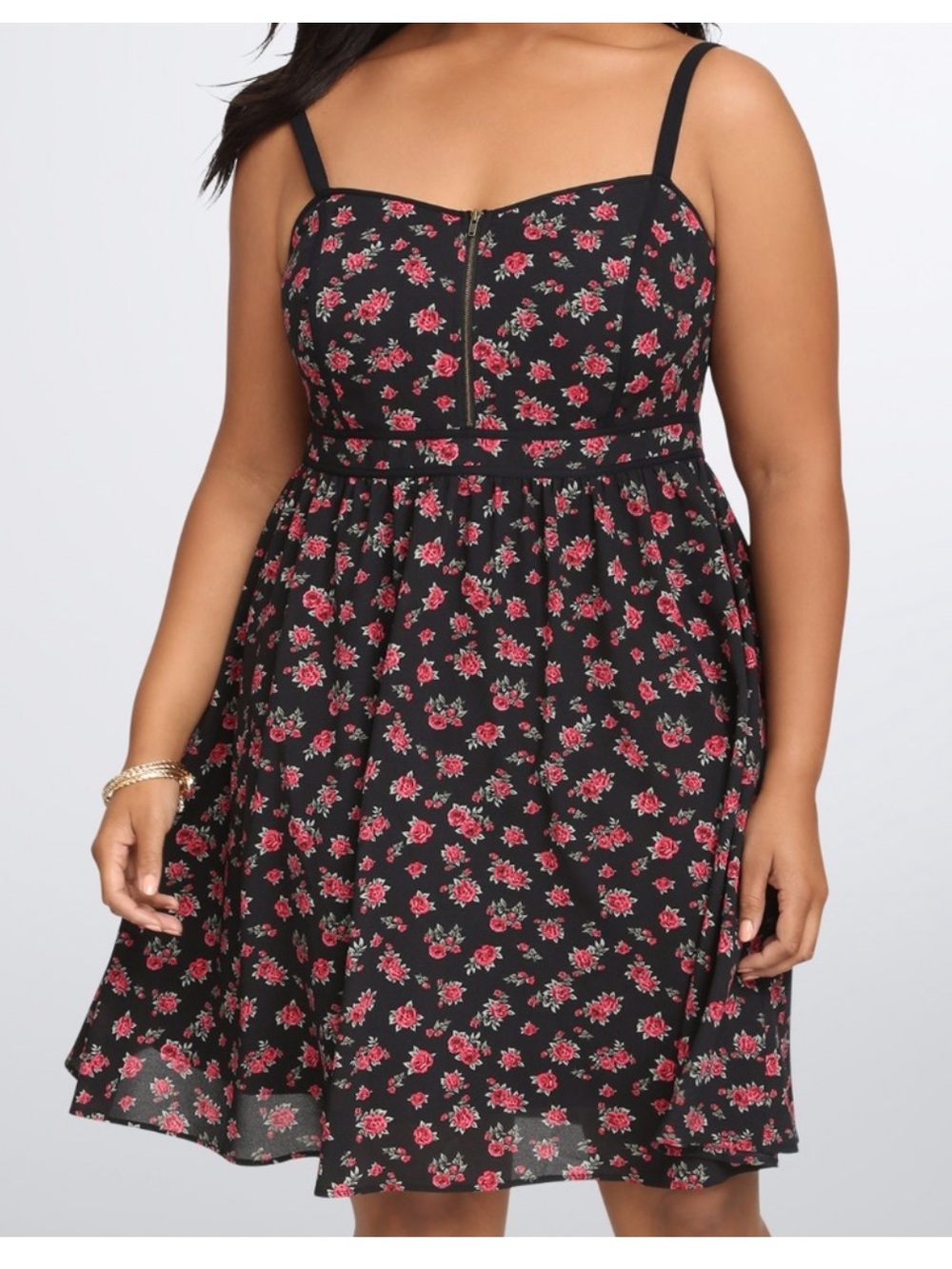 Torrid 1X Black Floral Rose Contrast Front Zip Dress